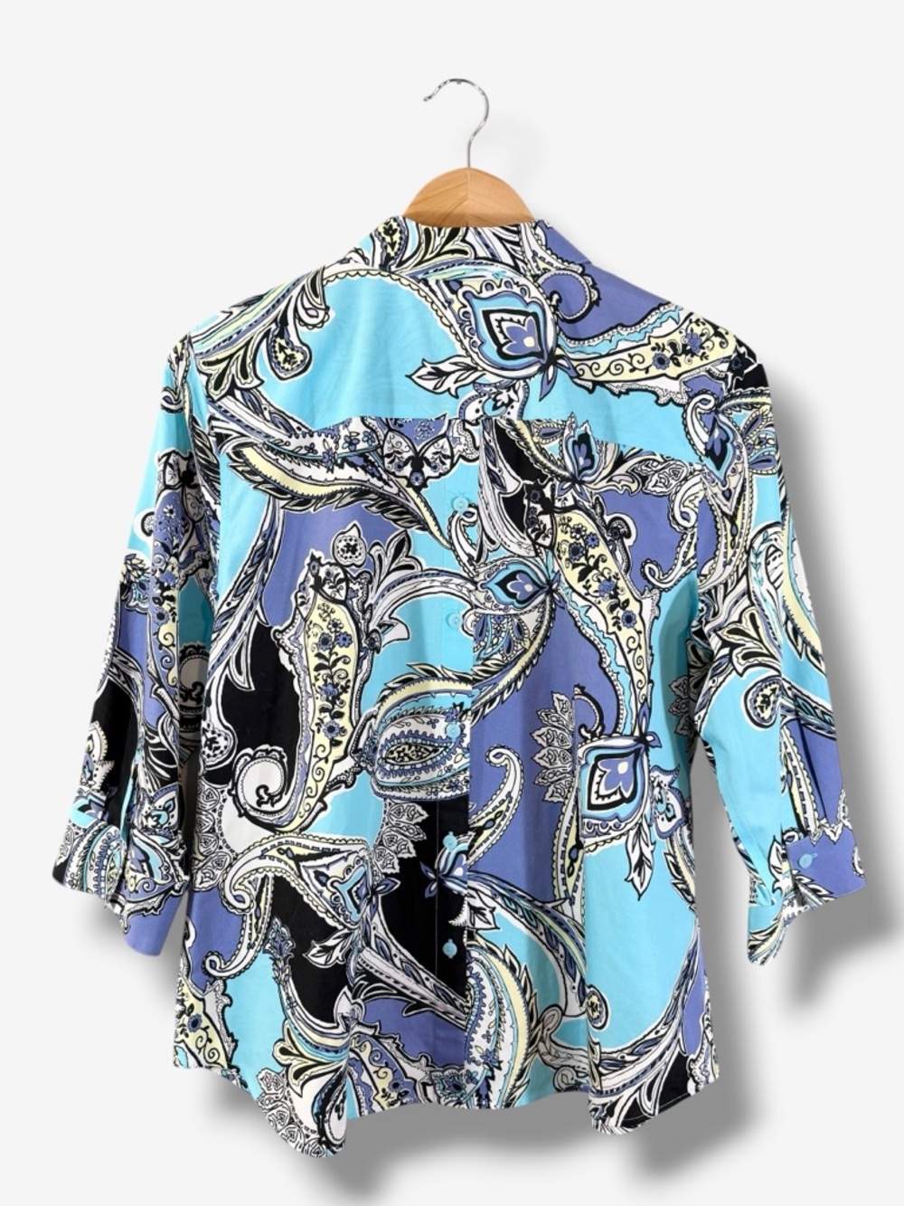 Chico’s No Iron Button Up Shirt Size 1.5 US M/10 Purple Blue Paisley 3/4 Sleeve - Picture 8 of 10